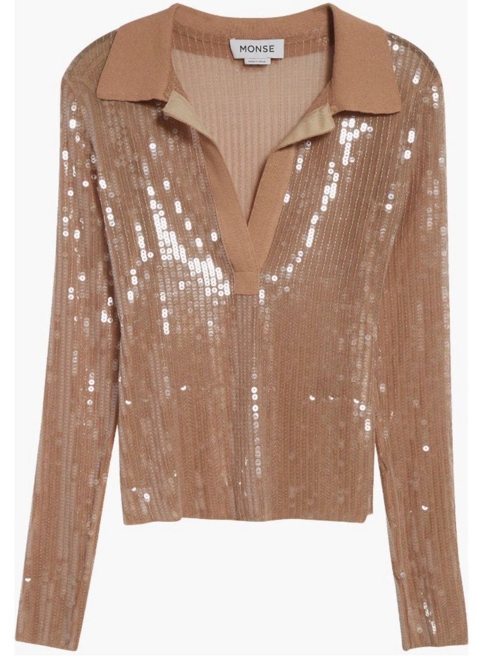 MONSE Mesh Sequin Top Long Sleeve Polo Nude Beige Women’s Size S - Picture 6 of 13